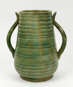BENNETTS POTTERY green glazed vase with two handles, ​​​​​​​27cm high