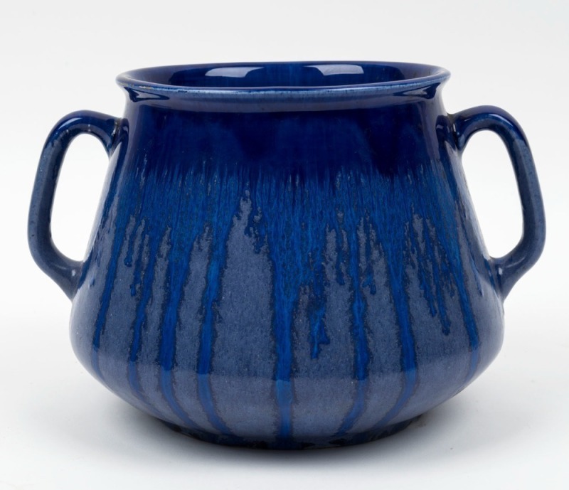 MELROSE WARE blue glazed pottery vase with two handles, stamped "Melrose Ware, Australian", 17cm high, 24cm 