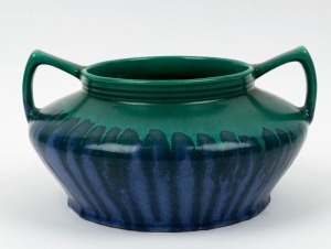 MELROSE WARE green and blue glazed pottery urn, stamped "Melrose Ware, Australian", 14.5cm high, 27cm wide
