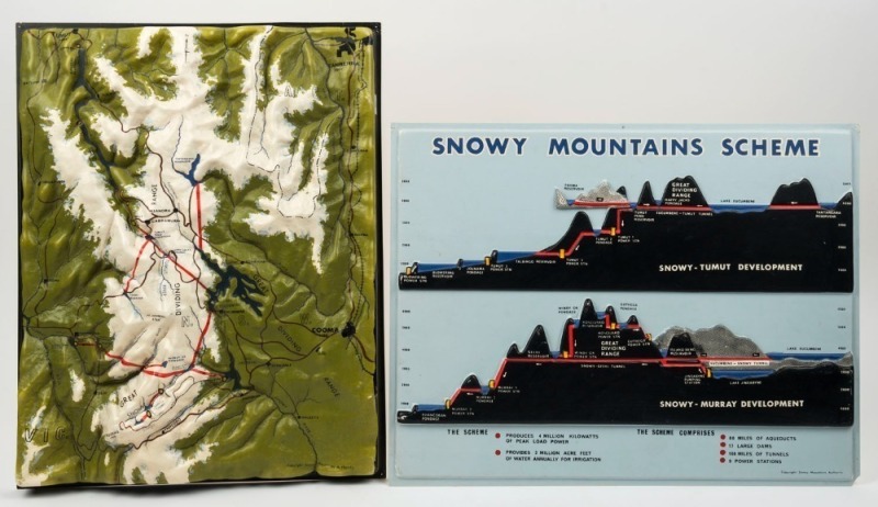 SNOWY HYDRO diorama, moulded and painted plastic, released by Snowy Mountains Authority, ​​​​​​​46 x 36cm 