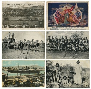 POSTCARDS. An impressive album with a diverse range including some rarities. Of note ABORIGINAL, TITANIC, GREAT WHITE FLEET, Australian towns, Camel teams, 1907 and 1908 MELBOURNE CUP, Prahran, Kyneton, Kalgoorlie, Gold Mining, Kilmore, Mining Disasters, 