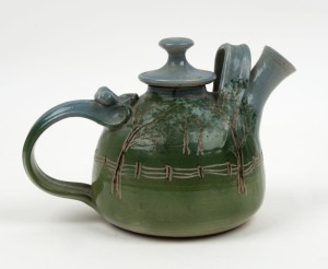 ARTIST UNKNOWN pottery teapot with painted and sgraffito Australian rural landscape, impressed mark "P", 13cm high, 19cm wide