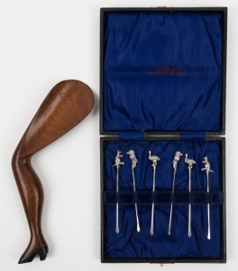 Set of six silver plated Australiana cocktail skewers in case, together with an antique Australian blackwood shoehorn, 19th and 20th century, ​​​​​​​the shoehorn 21cm long