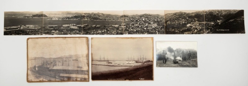 NEW ZEALAND INTEREST including two albumen port scene photographs by W. Ferrier titled "Port Lyttelton" and "The Harbour, Timaru, New Zealand, From the North Road", real photo postcard titled "A Merry Old Rangatira, Wanganui." and "City of Wellington, N.