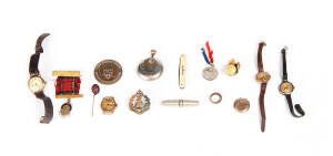 Remains of collection: LYREBIRD cricket bowling counter; 4 vintage watches (gold & plated); 9ct gold stickpin; pen knife; corkscrew; buttons (5); medal & badges (4), plus a ring