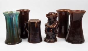 Rockingham glazed Toby jug with original lid, together with five assorted vases, (6 items), the largest 26cm high