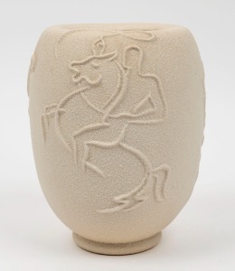 RATHJEN cream glazed pottery vase with cowboy decoration, incised "Rathjen", 20.5cm high