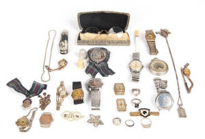 VARIOUS: 31 Items including vintage watches, thimbles, pince-nez, badges, pocket knife, silver jewellery, silver badge for "Pipers Association of New South Wales".