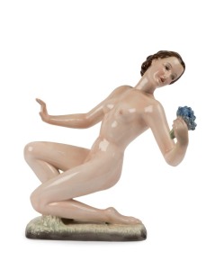 GOLDSCHEIDER porcelain statue of kneeling female nude with bluebells, black factory mark "Goldscheider, Wien, Made in Germany", 37cm high