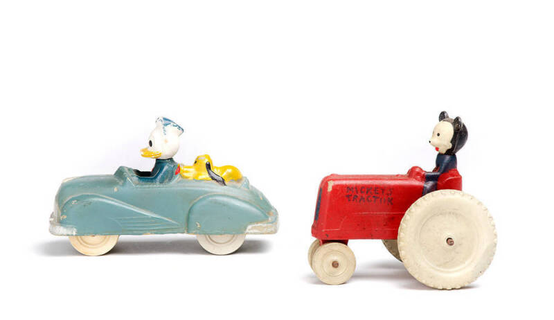 WALT DISNEY TOYS: Mickey's Tractor & Donald Duck & Pluto's car . Vintage  toys made by Sun Rubber Company. Circa 1930's and 40's. Length 12 - 15cm.