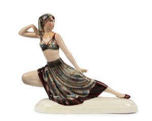 GOLDSCHEIDER Austrian porcelain statue of a dancing woman, signed "Lorenzl", black factory mark "Goldscheider, Hand Decorated", other marks obscured, 32.5cm high