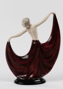 GOLDSCHEIDER Austrian porcelain statue of a lady in a burgundy skirt, signed "Lorenzl", black factory mark "Goldscheider, Wien, Made in Austria", 24cm high - 2