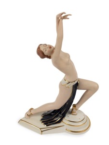 ROYAL DUX Czechoslovakian porcelain statue of a dancing lady in blue skirt, pink triangle mark to base, 31.5cm high