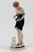 ROYAL DUX Czechoslovakian porcelain statue of a woman feeding ducks, pink triangle mark to base, 35cm high - 2