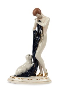 ROYAL DUX Czechoslovakian Art Deco porcelain statue of a lady and her dog, pink triangle mark to base, 37cm high