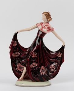 GOLDSCHEIDER Austrian Art Deco porcelain statue of a lady in a floral dress, black factory mark "Goldscheider, Wien, Made in Austria, Hand Decorated", 34cm high