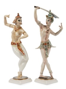 HUTSCHENREUTHER pair of German Art Deco porcelain statues of Balinese dancers, both with blue factory mark to base and original paper label, 28.5cm and 31.5cm high