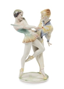 HUTSCHENREUTHER German Art Deco porcelain figure group of the ballet dancers, green factory mark to base with original paper label, 25cm high