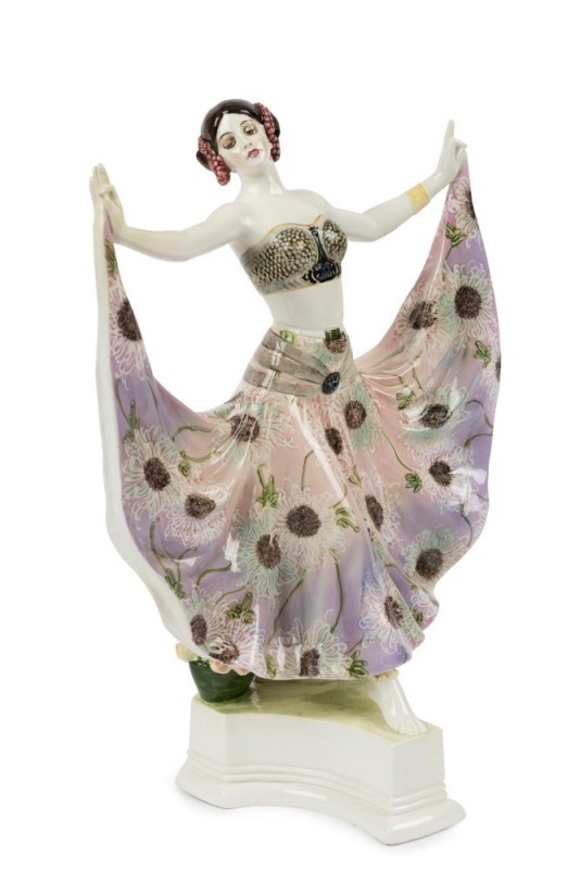 GOLDSCHEIDER Austrian Art Deco porcelain statue of a dancing woman in floral dress, incised "Rose", black factory mark "Goldscheider, Made in Austria", 37cm high