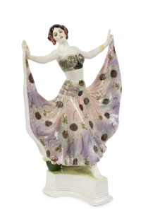 GOLDSCHEIDER Austrian Art Deco porcelain statue of a dancing woman in floral dress, incised "Rose", black factory mark "Goldscheider, Made in Austria", 37cm high