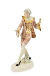 GOLDSCHEIDER Austrian Art Deco porcelain statue of a lady, signed "Lorenzl", black factory mark "Goldscheider, Wien, Made in Austria, Hand Decorated", 37cm high