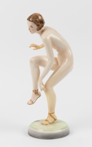 GOLDSCHEIDER Austrian Art Deco porcelain statue of a female nude, black factory mark to base with remains of original foil label, 36cm high