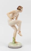 GOLDSCHEIDER Austrian Art Deco porcelain statue of a female nude, black factory mark to base with remains of original foil label, 36cm high - 2