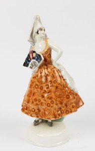 GOLDSCHEIDER Austrian Art Deco porcelain statue of a Spanish dancer with fan, signed "Lorenzl", black factory mark "Goldscheider, Wien, Made in Austria", 35cm high