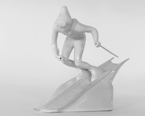 ROYAL DUX Czechoslovakian white porcelain statue of the downhill skier, pink triangle mark to base, stamped "Royal Dux, Made in Czechoslovakian", 20cm high