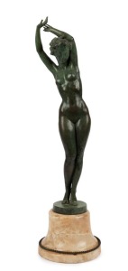 JOSEF LORENZL (Austria, 1892-1950) Art Deco bronze statue of a standing female nude on marble base, signed "Lorenzl", 56cm high overall