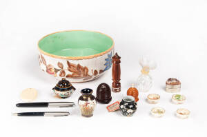 Remains of collection; Satsuma & Chinese miniature porcelain, sewing equipment, hip flask, ivory mirror, pens etc
