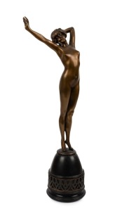 JOSEF LORENZL (Austria, 1892-1950) "AWAKENING" Art Deco bronze statue on base, signed "Lorenzl", 50.5cm high overall