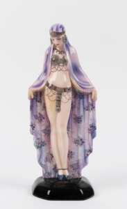 GOLDSCHEIDER Austrian Art Deco porcelain statue of an exotic dancer in a floral mauve cape, signed "Lorenzl", black factory mark "Goldscheider, Wien, Made in Austria", 31cm high