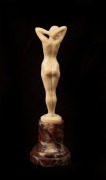 JOSEPH DESCOMPS French Art Deco carved ivory statue of a standing female nude mounted of rouge marble base, circa 1930, signed "Joe Descomps", 16cm high overall - 2