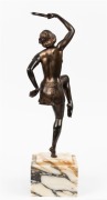 A Continental&nbsp;Art Deco statue of a dancing lady with a tambourine, bronze finish cast metal on a marble base, circa 1935, 47cm high overall - 2