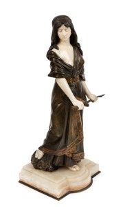 DOMINIQUE ALONZO French Art Deco statue of a maiden with sword, carved ivory and gilt bronze on white marble base, signed "D. Alonzo", 32.5cm high