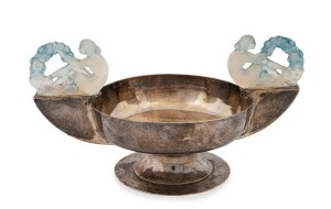 LALIQUE "Deux Figurines Grandes" French frosted and stained figural glass mounted sterling silver bowl by Crichton Brothers, early 20th century, 10.5cm high, 20.5cm wide