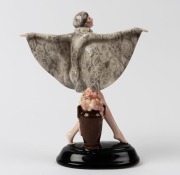 GOLDSCHEIDER&nbsp;Art Deco porcelain statue of a dancing lady in a grey floral gown and cap, black factory mark "Goldscheider, Wien, Made in Germany", 22cm high - 2