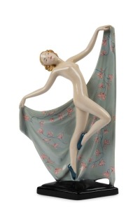 GOLDSCHEIDER Austrian Art Deco porcelain statue of a nude dancing lady with grey floral shawl, oval gold mark "Goldscheider, Vienna" with additional pictorial mark, 39.5cm high
