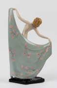 GOLDSCHEIDER&nbsp;Austrian Art Deco&nbsp;porcelain statue of a nude dancing lady with grey floral shawl, oval gold mark "Goldscheider, Vienna" with additional pictorial mark, 39.5cm high - 2