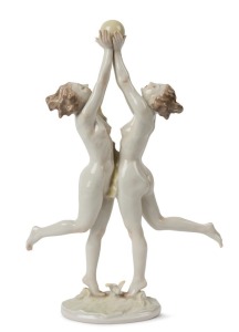 HUTSCHENREUTHER German Art Deco porcelain figural group, signed "K. Tutter", green factory mark to base with original paper label, 32cm high
