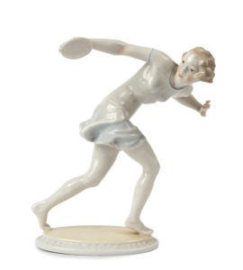 HUTSCHENREUTHER German Art Deco porcelain of a discus thrower, signed "K. Tutter", green factory mark to base, 21cm high