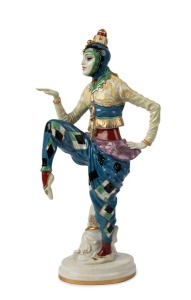 ROSENTHAL German Art Deco porcelain statue of a dancing lady in harlequin costume, signed "C. Holzer-Defanti", green factory mark to base, 41cm high