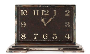 An Art Deco mantle clock, eight day Swiss movement in silver finished case with rouge marble dial, made for Hardy Brothers Ltd., Australia, circa 1925, 18cm high, 30cm wide