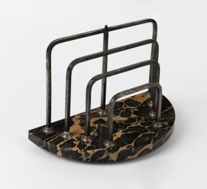 An Art Deco paper tidy letter rack, silvered finish on marble base, circa 1925, 15cm high, 22cm wide