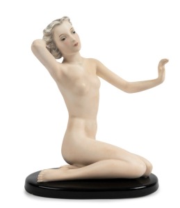 GOLDSCHEIDER Art Deco porcelain statue of kneeling female nude, black factory mark "Goldscheider, Wien, Made in Germany", 22cm high