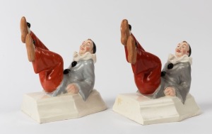 A pair of Continental Art Deco Pierrot porcelain statues, circular factory mark to bases "Made in Czechoslovakia", 19cm high
