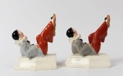 A pair of Continental Art Deco Pierrot porcelain statues, circular factory mark to bases "Made in Czechoslovakia", 19cm high - 2