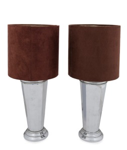 A pair of Art Deco table lamps with chrome finish and shades, 50cm high overall