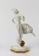 HUTSCHENREUTHER German Art Deco white porcelain statue of dancing woman with golden orb, green factory mark to base, 18cm high - 2